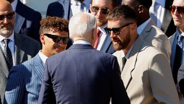Kansas City Chiefs' Patrick Mahomes and Travis Kelce talk with U.S. President Joe Biden as he welcomes Kansas City Chiefs to the White House to celebrate their championship season and victory in Super Bowl LVIII, in Washington, U.S., May 31, 2024. REUTERS/Evelyn Hockstein