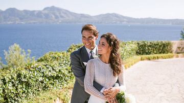 MALLORCA, SPAIN - OCTOBER 19: (EDITOR'S NOTE: Mandatory credit of Fundacion Rafa Nadal needed.) In this handout photo provided by the Fundacion Rafa Nadal, Rafa Nadal poses with wife Xisca Perello for the official wedding portraits after they were married on October 19, 2019 in Mallorca, Spain. (Photo by Fundacion Rafa Nadal via Getty Images)