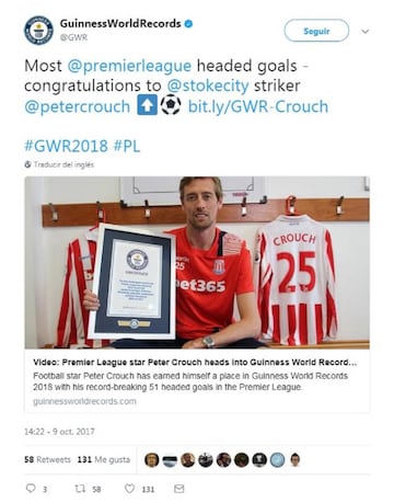Crouch, del Stoke City, recibe el premio de Guinness World Records.