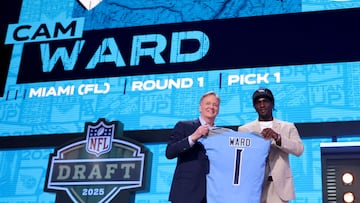 GREEN BAY, WISCONSIN - APRIL 24: Quarterback Cam Ward of Miami poses with NFL Commissioner Roger Goodell after being selected first overall pick by the Tennessee Titans during the first round of the 2025 NFL Draft at Lambeau Field on April 24, 2025 in Green Bay, Wisconsin. Stacy Revere/Getty Images/AFP (Photo by Stacy Revere / GETTY IMAGES NORTH AMERICA / Getty Images via AFP)