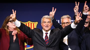 Soccer Football - FC Barcelona elections - Barcelona, Spain - March 16, 2026 Joan Laporta celebrates his victory after being re-elected as FC Barcelona president REUTERS/Albert Gea