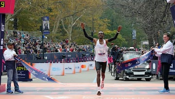 Ethiopia's Tamirat Tola celebrates winning the 52nd Edition of the New York City Marathon on November 5, 2023.