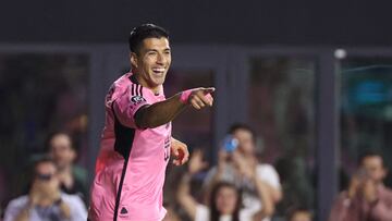 Inter Miami's Uruguayan forward #09 Luis Suarez celebrates after scoring a goal during the round of 16 of the CONCACAF Champions Cup football match between Inter Miami CF and Nashville SC at Chase Stadium in Fort Lauderdale, Florida, on March 13, 2023. (Photo by Chris Arjoon / AFP)