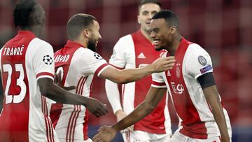 Amsterdam (Netherlands), 25/11/2020.- (l to r) Zakaria Labyad of Ajax, Ryan Gravenberch or Ajax celebrate the 1-0 during the UEFA Champions League Group D match between Ajax Amsterdam and FC Midtjylland at the Johan Cruijff Arena in Amsterdan, Netherlands