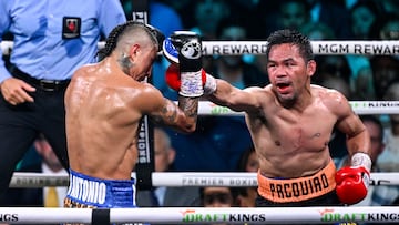 LAS VEGAS, NEVADA - JULY 19: Manny Pacquiao (in black short) and Mario Barrios (in blue short) exchange punches during their WBC welterweight championship world titles of the Premiere Boxing Championship on Saturday night at MGM Grand Garden Arena in Las Vegas, Nevada, United States on July 19, 2025. (Photo by Tayfun Coskun/Anadolu via Getty Images)