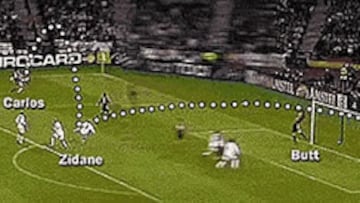 <B>UNA VOLEA HISTÓRICA</B>. Este es el golazo de Zizou en el minuto 45 de la primera parte ante el Bayer Leverkusen en la final de la Copa de Europa de 2002.