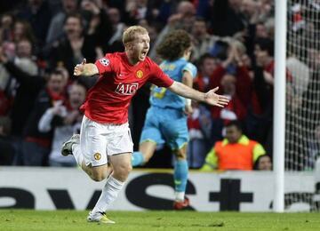 April 29, 2008 | Manchester United's Paul Scholes celebrates after scoring during their Champions League semi-final second leg against Barcelona.