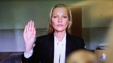 Model Kate Moss, a former girlfriend of actor Johnny Depp,  is sworn in to testify via video link during Depp's defamation trial against his ex-wife Amber Heard, at the Fairfax County Circuit Courthouse in Fairfax, Virginia, U.S., May 25, 2022. REUTERS/Evelyn Hockstein/Pool