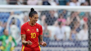 Paris 2024 Olympics - Football - Women's Quarter-final - Spain vs Colombia - Lyon Stadium, Decines-Charpieu, France - August 03, 2024. Jennifer Hermoso of Spain celebrates scoring their first goal. REUTERS/Nir Elias