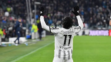 Turin (Italy), 28/02/2023.- Juventus' Juan Cuadrado jubilates after scoring the equalizer during the Italian Serie A soccer match Juventus FC vs Torino FC at the Allianz Stadium in Turin, Italy, 28 February 2023, (Italia) EFE/EPA/ALESSANDRO DI MARCO
