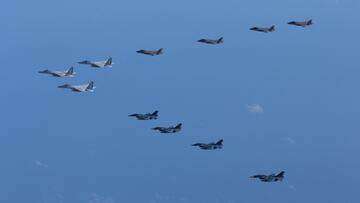 5th and 8th Air Wing of Japan Air Self-Defense Force's F-15 and F-2 fighters hold a joint military drill with U.S. Marine Aircraft Group 12's F-35B fighters off Japan's southernmost main island of Kyushu, Japan, in this handout picture taken by Japan Air Self-Defence Force and released by the Joint Staff Office of the Defense Ministry of Japan October 4, 2022. Joint Staff Office of the Defense Ministry of Japan/HANDOUT via REUTERS ATTENTION EDITORS - THIS IMAGE WAS PROVIDED BY A THIRD PARTY.  MANDATORY CREDIT.