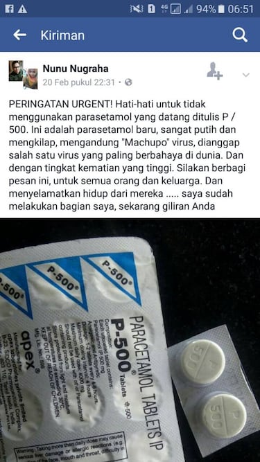 ¿Timo de WhatsApp o real? Virus Machupo en pastillas de paracetamol