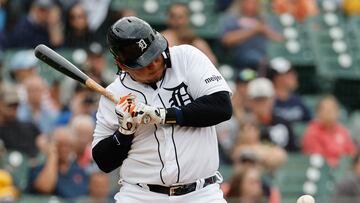Jun 11, 2023; Detroit, Michigan, USA; Detroit Tigers designated hitter Miguel Cabrera (24) reacts to an inside pitch in the fifth inning against the Arizona Diamondbacks at Comerica Park. Mandatory Credit: Rick Osentoski-USA TODAY Sports
