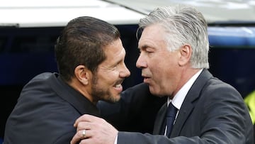 Football - Real Madrid v Atletico Madrid - UEFA Champions League Quarter Final Second Leg - Estadio Santiago Bernabeu, Madrid, Spain - 22/4/15
 Atletico Madrid coach Diego Simeone and Real Madrid coach Carlo Ancelotti
 Reuters / Sergio Perez
 Livepic
 EDI