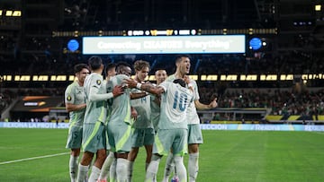 Cesar Montes celebrates his goal 0-2 of Mexico during the match Suriname and Mexico Mexican National Team as part to 2025 Concacaf Gold Cup Group A, at AT-T Stadium, on June 18, 2025 on Arlington, Texas, United States.