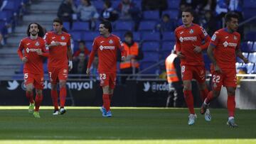 BARCELONA, SPAIN - NOVEMBER 24: Jaime Mata of Getafe CF celebrates with his teammates after scoring his sides first goal during the Liga match between RCD Espanyol and Getafe CF at RCDE Stadium on November 24, 2019 in Barcelona, Spain. (Photo by Eric Alon