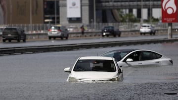 Cars are stranded in flood water caused by heavy rains, in Dubai, United Arab Emirates, April 17, 2024. REUTERS/Amr Alfiky