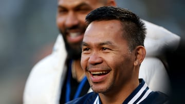 NEW YORK, NEW YORK - APRIL 07: Manny Pacquiao stands on the field before throwing out the ceremonial first pitch before the game between the New York Yankees and the Athletics at Yankee Stadium on April 07, 2026 in the Bronx borough of New York City. Elsa/Getty Images/AFP (Photo by ELSA / GETTY IMAGES NORTH AMERICA / Getty Images via AFP)