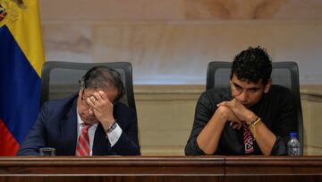 Colombia's President Gustavo Petro sits next to David Racero, President of the Chamber of Representatives of Colombia, during the opening of a new legislative session of Colombia's Congress, in Bogota, Colombia July 20, 2023. REUTERS/Vannessa Jimenez