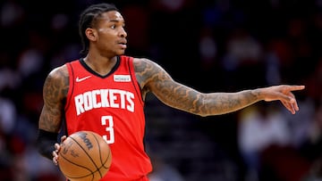 HOUSTON, TEXAS - FEBRUARY 06: Kevin Porter Jr. #3 of the Houston Rockets controls the ball during the second half against the New Orleans Pelicans at Toyota Center on February 06, 2022 in Houston, Texas. NOTE TO USER: User expressly acknowledges and agrees that, by downloading and or using this photograph, User is consenting to the terms and conditions of the Getty Images License Agreement.   Carmen Mandato/Getty Images/AFP
== FOR NEWSPAPERS, INTERNET, TELCOS & TELEVISION USE ONLY ==