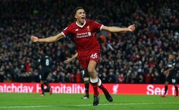 LIVERPOOL, ENGLAND - DECEMBER 26:  Trent Alex Arnold of Liverpool celebrates after scoring his sides third goal during the Premier League match between Liverpool and Swansea City at Anfield on December 26, 2017 in Liverpool, England.  (Photo by Jan Kruger/Getty Images)