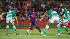 Soccer Football - La Liga Santander - FC Barcelona v Real Betis - Camp Nou, Barcelona, Spain - August 25, 2019   Barcelona&#039;s Anssumane Fati in action   REUTERS/Albert Gea