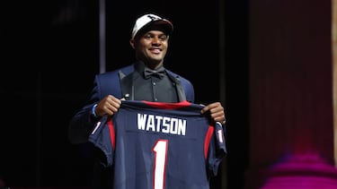 Apr 27, 2017; Philadelphia, PA, USA; Deshaun Watson (Clemson) is selected as the number 12 overall pick to the Houston Texans in the first round the 2017 NFL Draft at the Philadelphia Museum of Art. Mandatory Credit: Bill Streicher-USA TODAY Sports
