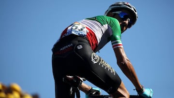 Fabio Aru of Italy riding for Astana Pro Team looks back as he rides to win the stage during stage five of the 2017 Le Tour de France, a 160.5km stage from Vittel to La plance des belles filles on July 5, 2017 in La Planche, France. 