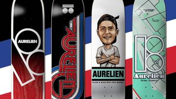 Los Pro Model de Aurelien Giraud con Plan B, tablas de skate con su nombre, una caricatura suya y algunos dibujos inspirados en él como uno de Lyon (Francia).