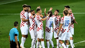 Croatia's players celebrate scoring during the UEFA Euro 2024 football tournament group D qualification football match between Croatia and Latvia at the Rujevica Stadium in Rijeka, on September 08, 2023. (Photo by DENIS LOVROVIC / AFP)