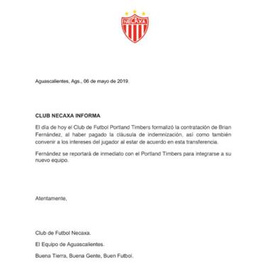 Necaxa hace oficial la salida de Brian Fernández