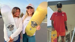 Los skaters Sky Brown, Leticia Bufoni y Nyjah Huston posan con las tablas de skate de su propia marca Monarch Project y Disorder Skateboards, respectivamente. 