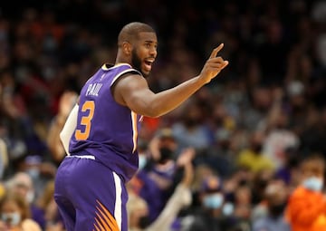 Nov 4, 2021; Phoenix, Arizona, USA; Phoenix Suns guard Chris Paul reacts against the Houston Rockets in the second half at Footprint Center. Mandatory Credit: Mark J. Rebilas-USA TODAY Sports