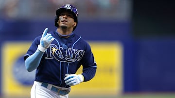 ST PETERSBURG, FLORIDA - AUGUST 09: Wander Franco #5 of the Tampa Bay Rays celebrates after hitting a home run in the seventh inning during a game against the St. Louis Cardinals at Tropicana Field on August 09, 2023 in St Petersburg, Florida.   Mike Ehrmann/Getty Images/AFP (Photo by Mike Ehrmann / GETTY IMAGES NORTH AMERICA / Getty Images via AFP)