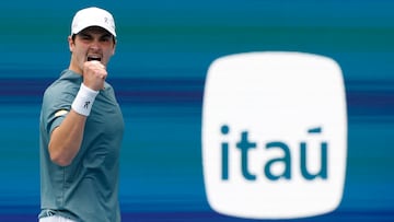 Mar 19, 2026; Miami Gardens, FL, USA; Joo Fonseca (BRA) reacts after winning a point against Fabian Marozsn (HUN) (not pictured) on day three of the 2026 Miami Open at Hard Rock Stadium. Mandatory Credit: Geoff Burke-Imagn Images