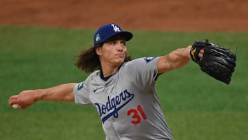 Los Angeles Dodgers' pitcher Tyler Glasnow pitches during the second inning of the 2024 MLB Seoul Series baseball game between Los Angeles Dodgers and San Diego Padres at the Gocheok Sky Dome in Seoul on March 20, 2024. (Photo by Jung Yeon-je / AFP)