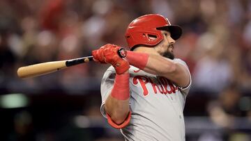 PHOENIX, ARIZONA - OCTOBER 20: Kyle Schwarber #12 of the Philadelphia Phillies hits a solo home run against the Arizona Diamondbacks in the fourth inning during Game Four of the National League Championship Series at Chase Field on October 20, 2023 in Phoenix, Arizona.   Sean M. Haffey/Getty Images/AFP (Photo by Sean M. Haffey / GETTY IMAGES NORTH AMERICA / Getty Images via AFP)