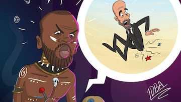 Caricatura que subió a las redes sociales Dimitry Seluk, representante de Yayá Touré, después de la derrota del Manchester City ante el Olympique de Lyon en la Champions League. En el dibujo un burjo hace vudú pensando e