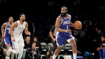 Philadelphia 76ers guard James Harden (1) brings the ball up court against the Brooklyn Nets during the first quarter at Barclays Center.