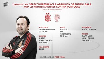 Convocatoria de Fede Vidal de la Selección Española de Fútbol Sala para los amistosos ante Portugal.