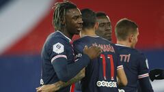 Paris (France), 09/01/2021.- Paris Saint Germain&#039;s Moise Kean (L) celebrates his goal with teammate Angel Di Maria during the French Ligue 1 soccer match between PSG and Brest at the Parc des Princes stadium in Pa?ris, France, 09 January 2021. (Franc