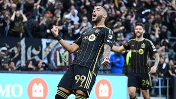 Apr 6, 2024; Los Angeles, California, USA; LAFC forward Denis Bouanga (99) celebrates his goal against the LA Galaxy during the first half at BMO Stadium. Mandatory Credit: Jonathan Hui-USA TODAY Sports