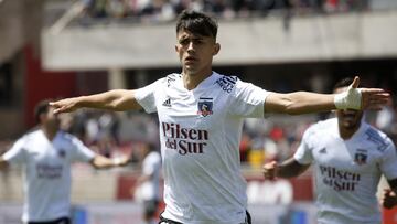 Futbol, Deportes La Serena vs Colo Colo.
Fecha 27, campeonato Nacional 2021.
El jugador de Colo Colo Pablo Solari celebra su gol contra Deportes La Serena durante el partido de primera division disputado en el estadio La Portada de La Serena, Chile.
20