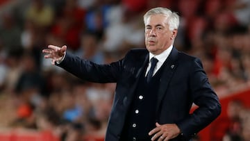 Real Madrid's Italian coach Carlo Ancelotti gestures during the Spanish league football match between RCD Mallorca and Real Madrid CF at the Mallorca Son Moix stadium in Palma de Mallorca on August 18, 2024. (Photo by JAIME REINA / AFP)