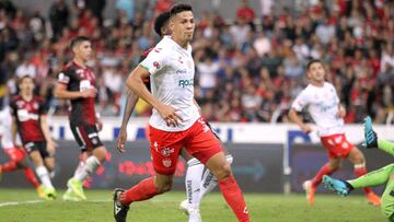 Mauro Quiroga of Necaxa celebrates after scoring against Atlas during their Mexican Apertura 2019 tournament football match at Jalisco Stadium, in Guadalajara, Jalisco State, on October 25,, 2019. (Photo by Ulises Ruiz / AFP)