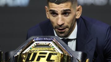 Abu Dhabi (United Arab Emirates), 24/10/2024.- Ilia Topuria attends a press conference ahead of his featherweight championship bout at UFC 308 in Abu Dhabi, United Arab Emirates, 24 October 2024. The UFC 308 fight Topuria vs Holloway takes place on 26 October in Abu Dhabi. (Emiratos Árabes Unidos) EFE/EPA/ALI HAIDER