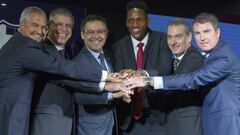 Bartomeu, con Javier Bordas, Jordi Mestre, Pep Segura y Robert en la presentaci&oacute;n de Yerry Mina.