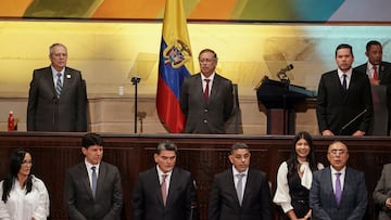Colombian President Gustavo Petro sings the national anthem during the opening of the new session of the Colombian Congress, in Bogota, Colombia July 20, 2024. REUTERS/Nathalia Angarita