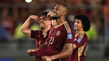 Venezuela's forward #23 Salomon Rondon celebrates after winning the 2026 FIFA World Cup South American qualifiers football match between Venezuela and Bolivia at the Monumental stadium in Maturin, state of Monagas, Venezuela, on June 6, 2025. (Photo by Juan BARRETO / AFP)