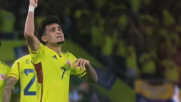 AMDEP3315. BARRANQUILLA (COLOMBIA), 16/11/2023.- Luis Díaz de Colombia celebra su gol hoy, en un partido de las Eliminatorias Sudamericanas para la Copa Mundial de Fútbol 2026 entre Colombia y Brasil en el estadio Metropolitano en Barranquilla (Colombia). EFE/ Ricardo Maldonado Rozo
